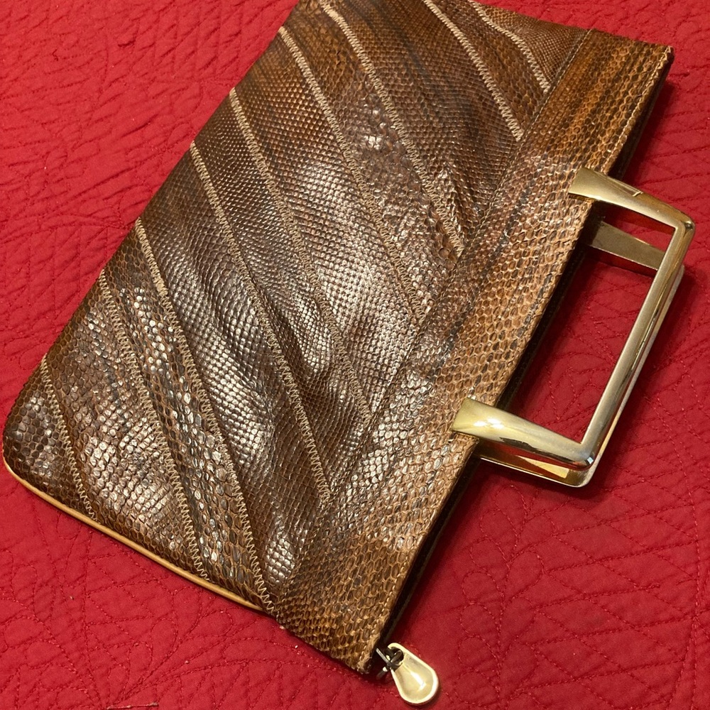 VINTAGE CLUTCH- w/ HANDLES REPTILE EMBOSSED LEATHER BROWN